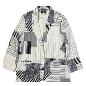 Vtg Blazer Womens L Ivory Black  Floral Lace Stripe Houndstooth Patchwork Print